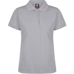 A light grey polo shirt with a collar and three buttons, featuring a branding logo.
