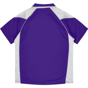 A purple and white polo shirt featuring a logo, designed for kids with a sporty appearance.