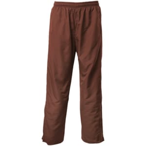 Brown track pants featuring an elastic waistband and a simple design. Includes a logo on the fabric.