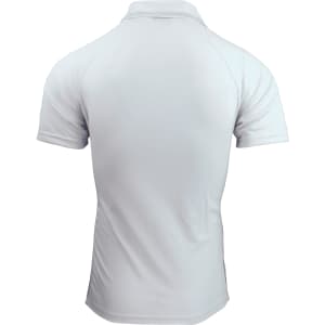 A white men's polo shirt with a standard collar and short sleeves, featuring a logo on the back.