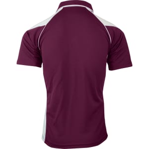 A maroon polo shirt with white accents on the shoulders and a collar, featuring a logo.