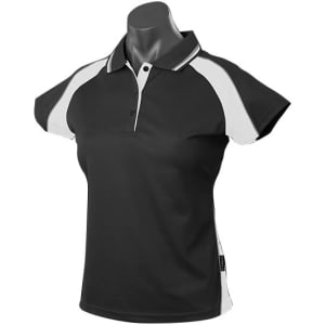 A black polo shirt with white accents and a logo, designed for women. Features a collar and short sleeves.
