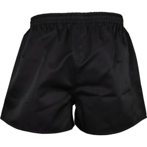 Black rugby men's shorts featuring an elastic waistband and a simple design. Includes a logo on the waistband.