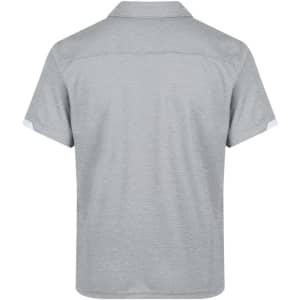 A grey polo shirt featuring a collar and short sleeves, with a logo present on the design.