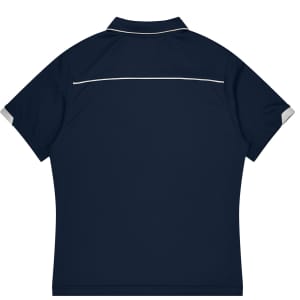A navy blue polo shirt with short sleeves and a white trim. It features a logo on the back.