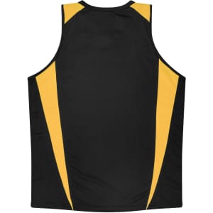 A black singlet with yellow side panels and a logo on the back.