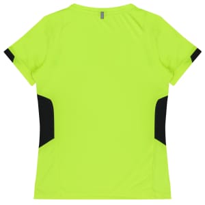 A bright yellow T-shirt featuring black side panels and a logo. Designed for women's wear, suitable for various activities.