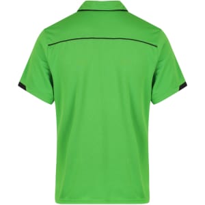 A green polo shirt with black accents, featuring a collar and short sleeves, and a logo on the upper back.