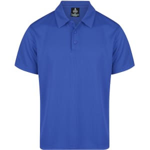A blue men's polo shirt with a collar and three buttons, featuring a branding logo.