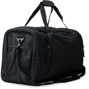 A black duffle bag with multiple compartments and zippers. It has a mesh pocket and a shoulder strap.