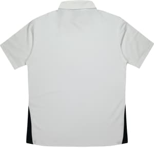 A men's polo shirt in grey with black side panels. Features a collar and short sleeves. Includes a logo on the chest.