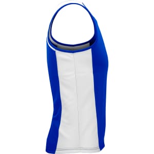 A blue and white men's singlet featuring a logo, showcasing a fitted design with wide armholes.