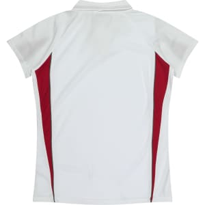 A white polo shirt with red side panels and a collar, featuring a logo on the back.