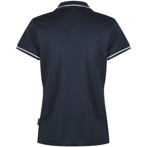 A navy polo shirt with a collar and contrasting stripes, featuring a logo on the side.