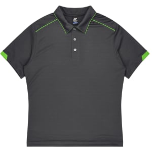 A dark grey polo shirt featuring green accents and a logo on the collar.