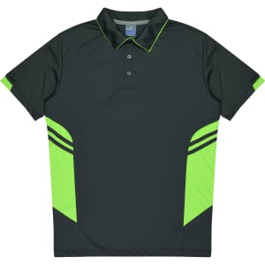 A dark green polo shirt with bright green accents and a branded logo. Features a classic collar and three-button placket.