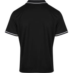 A black polo shirt with a contrasting white trim on the collar and sleeves. It has a logo on the design.