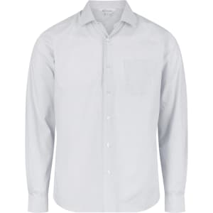 A light grey long-sleeve button-up shirt featuring a pocket on the chest and a logo on the collar.