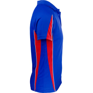 A blue polo shirt with red side panels and a logo on the chest.