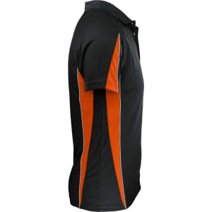 A black and orange polo shirt with short sleeves and a collar, featuring side stripe details.