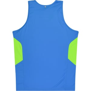 A blue singlet with green side panels and a small logo. Ideal for active wear.