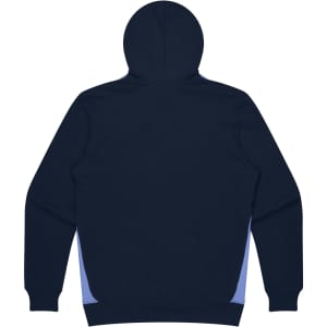 A navy hoodie featuring contrasting side panels in a lighter shade. The design includes a hood and long sleeves.