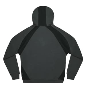 A dark green hoodie featuring a design with contrasting black panels and a hood. The back view highlights the fabric details.