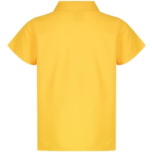 A yellow polo shirt for kids featuring a collar and short sleeves, with a branding logo on the back.