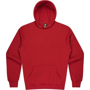 A red hooded jumper with a front pocket and long sleeves. It features a hood and has a logo.