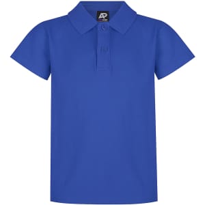 A blue polo shirt with a collar and button placket, featuring a logo on the label.