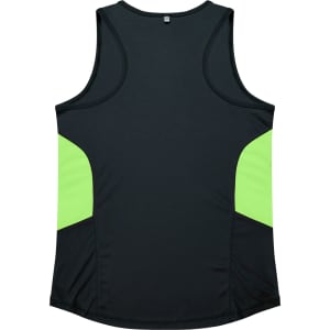 A black singlet featuring bright green side panels and a logo. Suitable for active wear.