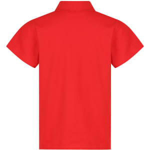 A red polo shirt with short sleeves and a collar, featuring a logo on the back.