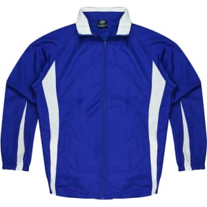 A blue track jacket with white side panels and a collar. It features a front zip and long sleeves.