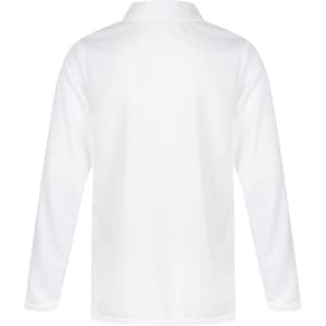 A white long-sleeve polo shirt with a classic collar and a plain back design. It features a logo.