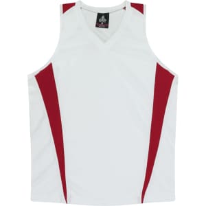 A white singlet with red accents and a logo, featuring a v-neck design.
