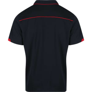 A black polo shirt with red accents, featuring a classic collar and a brand logo.