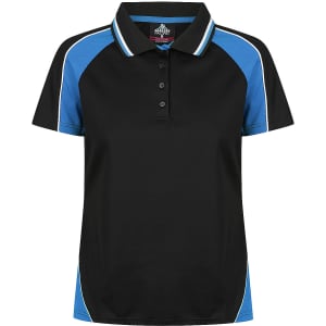A black polo shirt featuring blue accents and a logo. Structured collar with button closure.