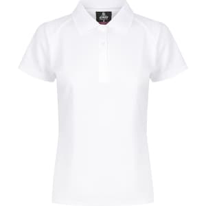 A white polo shirt with a classic collar and a small logo on the chest. Short sleeves and a fitted style.