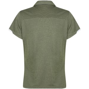 A green polo shirt with a collar and short sleeves, featuring a logo on the back.