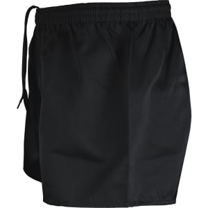 Black rugby shorts featuring an elastic waistband and drawstring, suitable for sports uniforms.