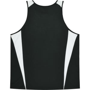 A black singlet featuring white accents on the sides and a logo on the back.