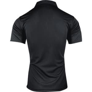 A black polo shirt with a standard collar and short sleeves, featuring a logo on the back.