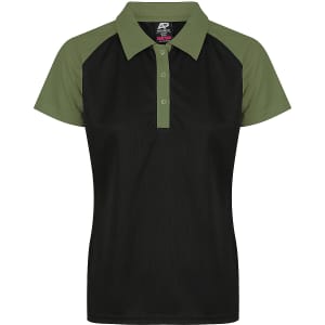 A polo shirt featuring a black body with green sleeves and a collar, with a branding logo on the chest.