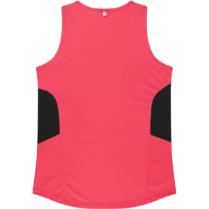 A pink singlet with black side panels, featuring a logo on the back.