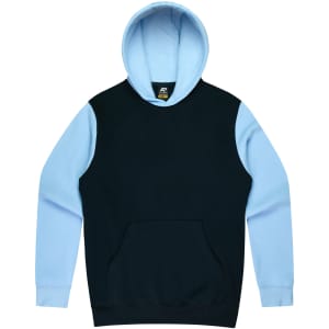 A men's hoodie featuring a black body and light blue sleeves, with a front pocket and a hood.