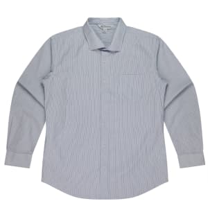 A long-sleeve button-up shirt in light blue and white stripes, featuring a chest pocket and a branded logo.