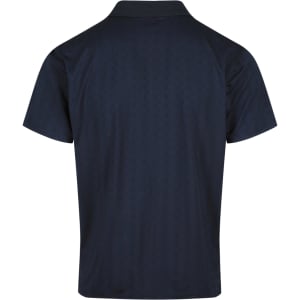 A navy blue men's polo shirt featuring a collar and a logo on the back.