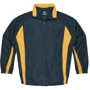 A dark green tracktop with yellow side stripes and a zip-up front. It features a logo on the chest.