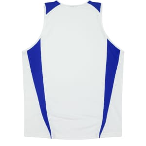 A sleeveless white singlet featuring blue side accents and a logo.