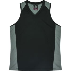 A black singlet with grey accent panels, featuring a V-neck design and a logo.